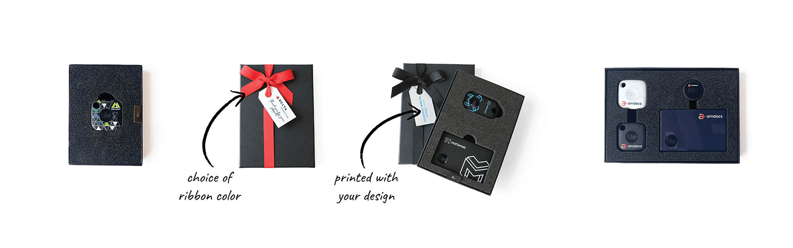 New gift boxes with ribbon and custom tag